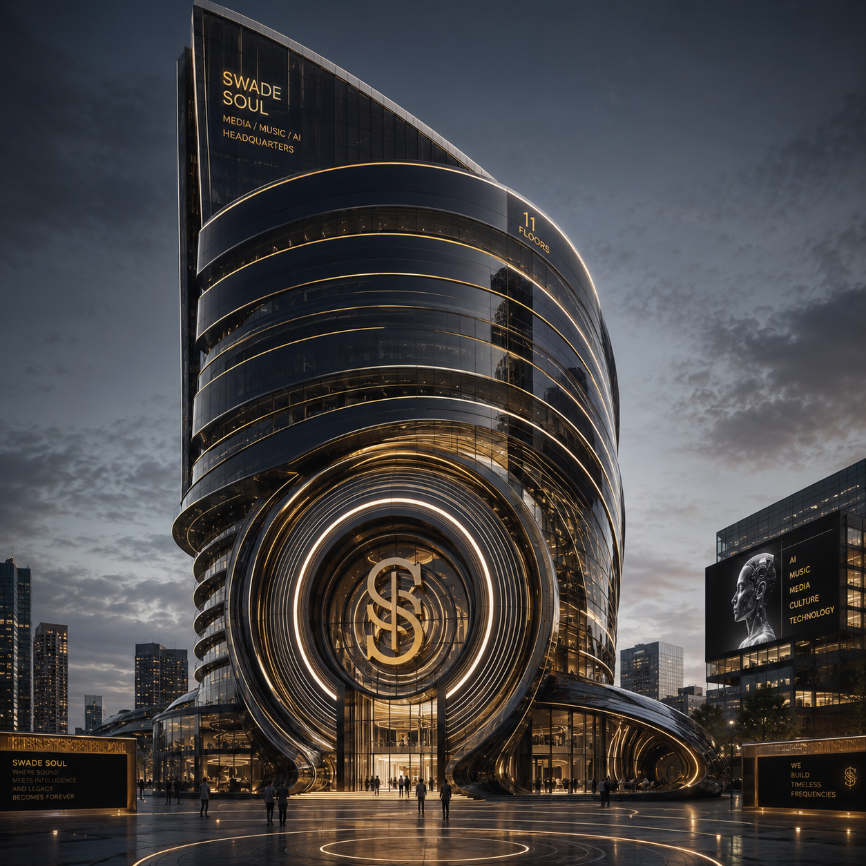 SWADE Soul World — Media, Music, AI Headquarters at dusk